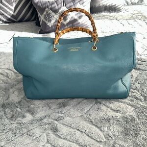 Blue Leather Handbag with Bamboo Handles